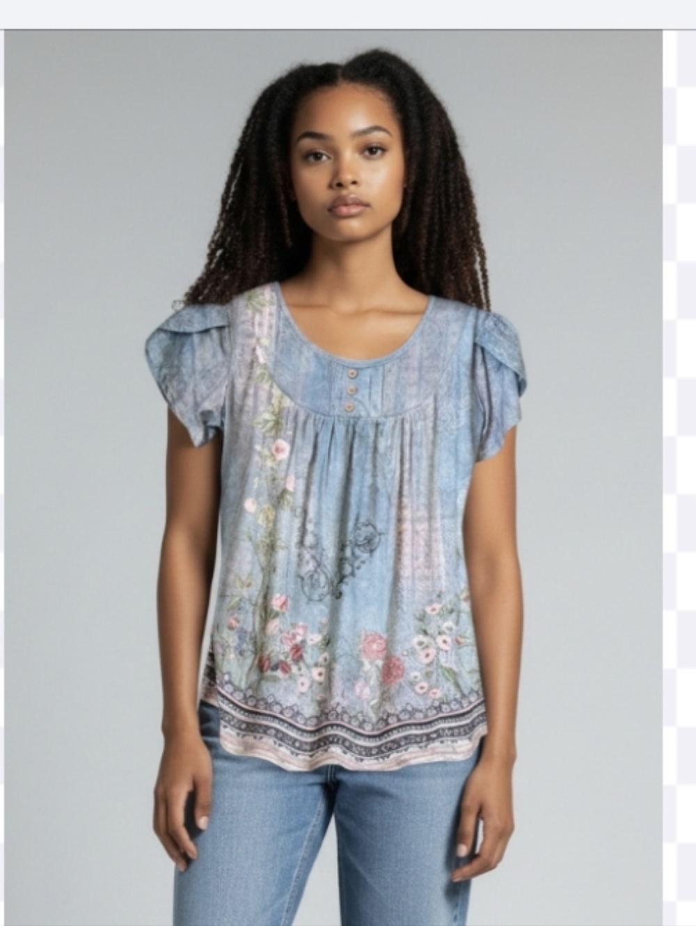 Floral Scoop Neck Tunic Top in Light Blue